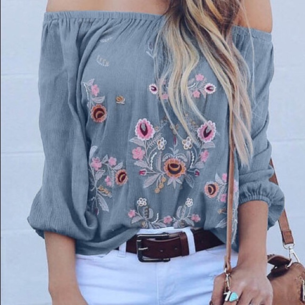 🛍️Embroidered Off-Shoulder Blouse in Dusty Blue